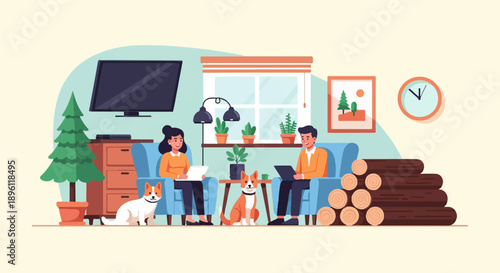 Cozy living room scene with two people, dogs, and winter decor