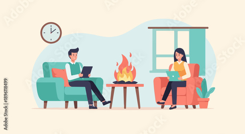 Cozy living room scene with two people working on devices by a fireplace