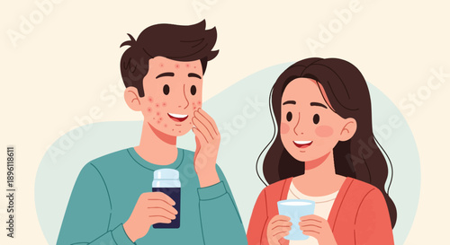 Couple with skincare concerns, one with blemishes and product