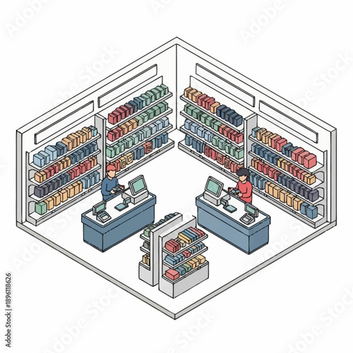 Illustration of a modern retail store checkout area.