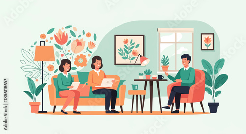 Cozy living room scene with people working on laptops and reading