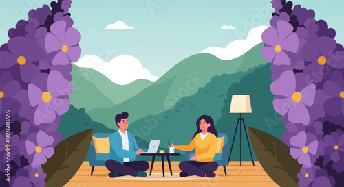 Couple working remotely outdoors surrounded by nature and purple flowers