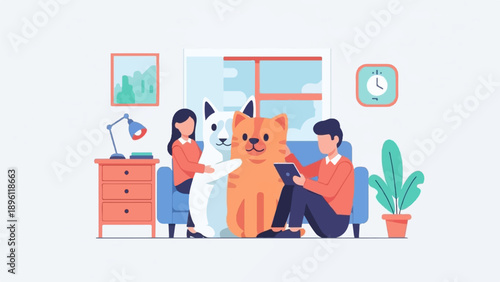 Couple with pets relaxing on sofa, home interior scene