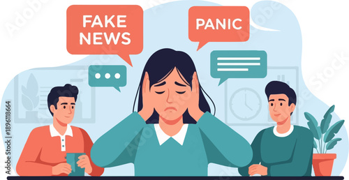 Distressed woman overwhelmed by fake news and panic