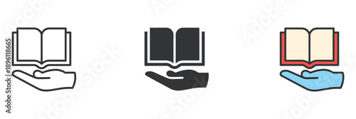 Hand holding open book icon set pack featuring line, solid, and colorful styles, education and reading symbols