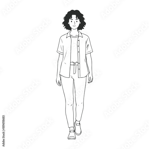 Minimal outline illustration of young girl walking for design use