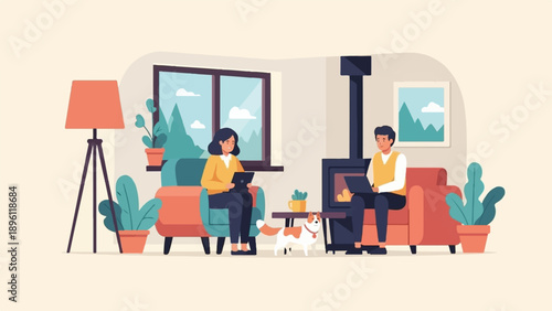 Cozy living room scene with people working on laptops and a dog