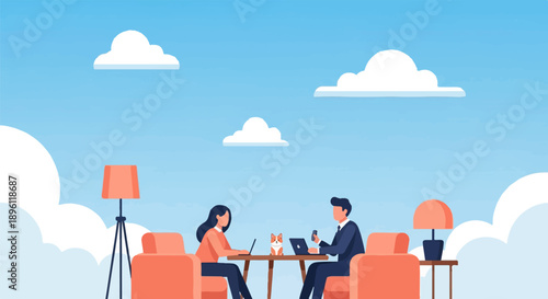 Couple working remotely with dog and clouds in the background