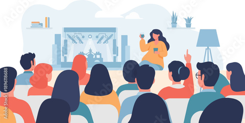 Diverse audience watches a presenter speaking on a stage