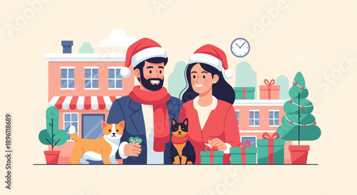 Couple with pets and gifts in festive winter town setting