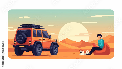 Desert scene with person working remotely and dog beside them and vehicle