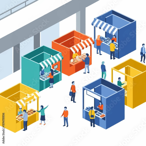 Market Stalls with People Shopping and Selling.