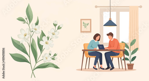Couple working together on a laptop in a cozy room with floral decor
