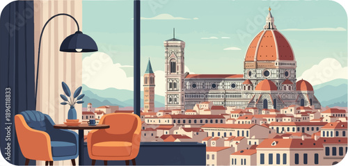 Cozy interior scene with comfortable chairs overlooking a famous European cityscape