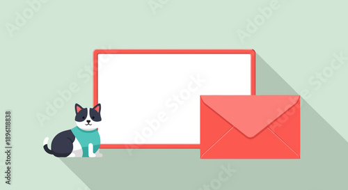 Cute cat sits by blank message board and coral envelope
