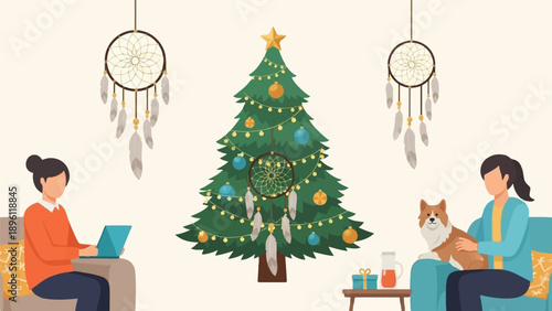 Cozy holiday scene with two people, a dog, and a Christmas tree
