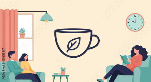 Cozy living room scene with people relaxing and a tea cup icon