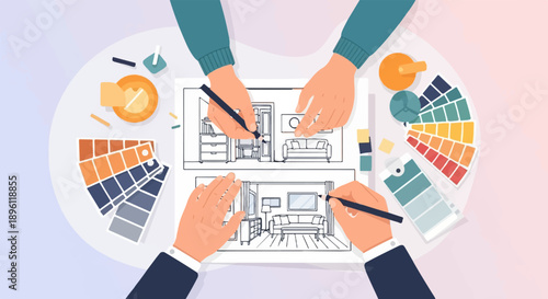 Designers collaborate on interior sketches, using color palettes and pencils