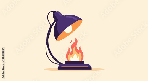 Desk lamp illuminates a vibrant, stylized flame against a pale background