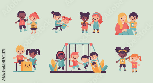 Diverse children enjoying playtime activities and interaction with a caregiver