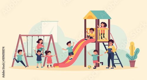 Diverse children enjoying a colorful playground with swings and a slide