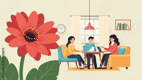 Cozy interior scene with people and a large flower