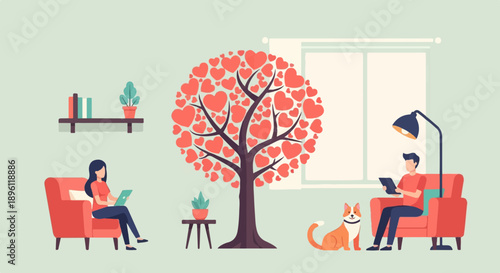 Cozy interior scene with people, dog, and heart-shaped tree