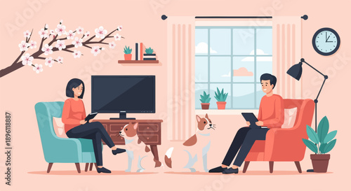 Couple with dogs relax indoors with tablet and TV