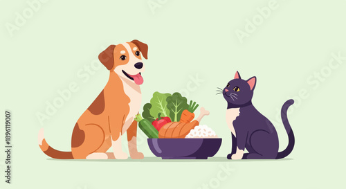 Cute dog and cat sit with a bowl of healthy food