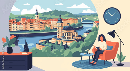 Cozy interior view of a woman reading with a scenic European city by the river outside