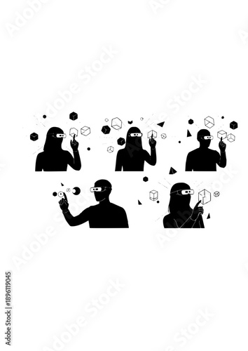 Augmented Reality Silhouette Person with AR Glasses Interacting with 3D Interface Vector