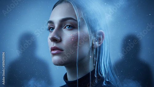 A futuristic woman with a digital glitch effect on her face