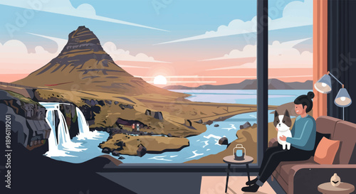 Cozy interior with a person, dog, and scenic waterfall view