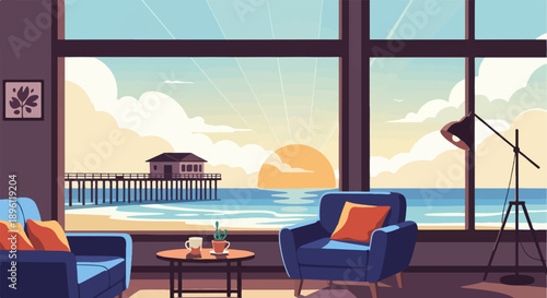 Cozy interior with a sunset ocean view, featuring a pier and beach