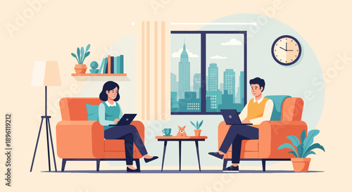 Couple works on laptops in a living room with cityscape view