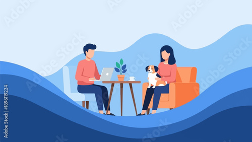 Couple with dog working on laptops at home, in a cozy, modern setting
