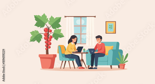 Couple works on laptops in a cozy room with plants and a window