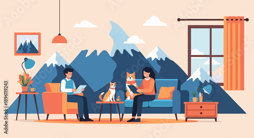 Cozy interior with people, dogs, mountains, and home decor