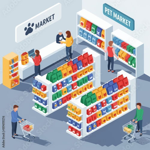 Pet Market Scene with Customers and Products.