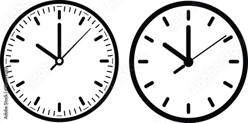 Two clock faces displaying different times, one with a minimalist design and the other with bold markers and hands, representing the concept of timekeeping and measurement
