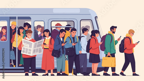 Diverse commuters queue for a train, many engrossed in their phones