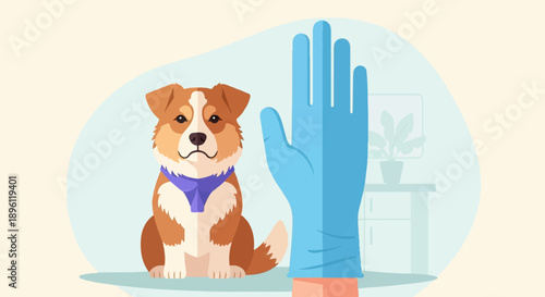 Cute dog sits next to a large blue glove in an illustration