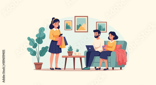 Cozy living room scene with people and plants