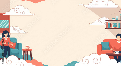Cozy interior with people relaxing amidst stylized clouds and decor
