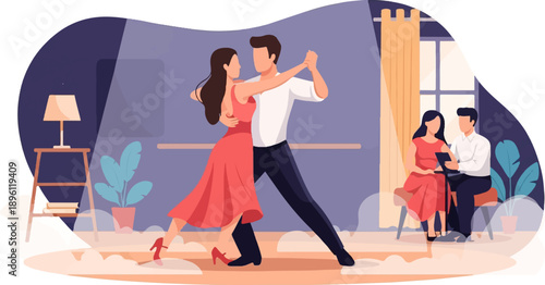Couples dancing in a studio with onlookers