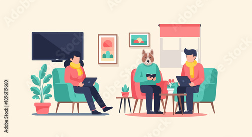Cozy living room gathering with a unique anthropomorphic guest and tech