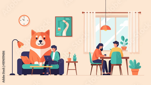 Cozy living room scene with people and a large dog