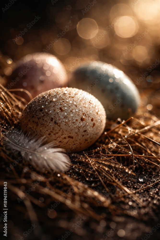 Obraz premium Three speckled eggs in a nest with water droplets and feather