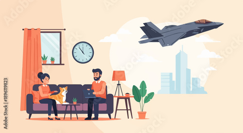 Couple with dog relaxing at home while jet flies over city skyline