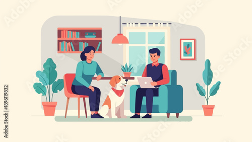 Cozy home scene with a couple, dog, laptop, and plants